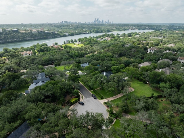 4105 Mcbrine Pl, Austin, TX 78746 - aerial overview of property's location with a nearby body of water and city skyline