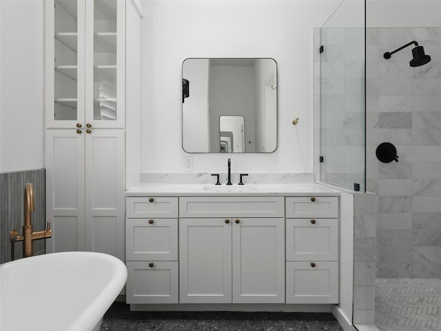 4105 Mcbrine Pl, Austin, TX 78746 - bathroom with walk in shower, a freestanding bath, and vanity