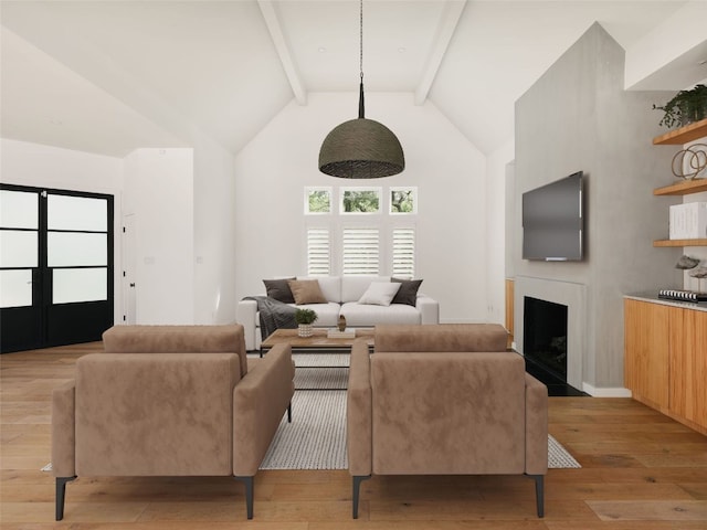 4105 Mcbrine Pl, Austin, TX 78746 - living area with light wood-style floors, beamed ceiling, a fireplace with flush hearth, and high vaulted ceiling