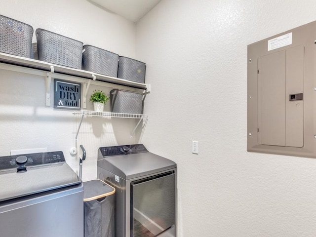 1329 Nokota Bnd, Georgetown, TX 78626 - washroom with electric panel, washing machine and clothes dryer, and a textured wall