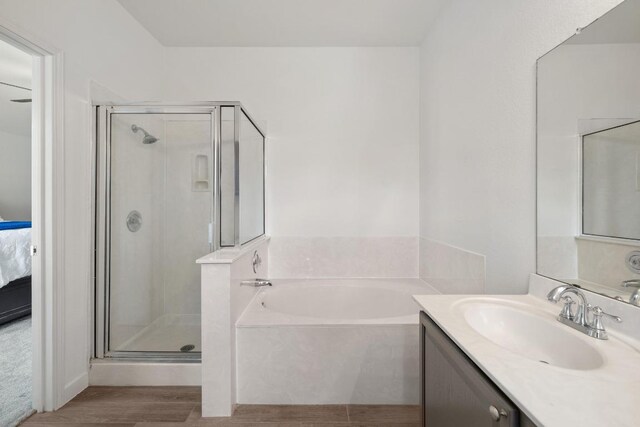 1643 Abbey Ln, Cedar Park, TX 78613 - bathroom with a bath, a shower stall, vanity, wood finished floors, and ensuite bathroom