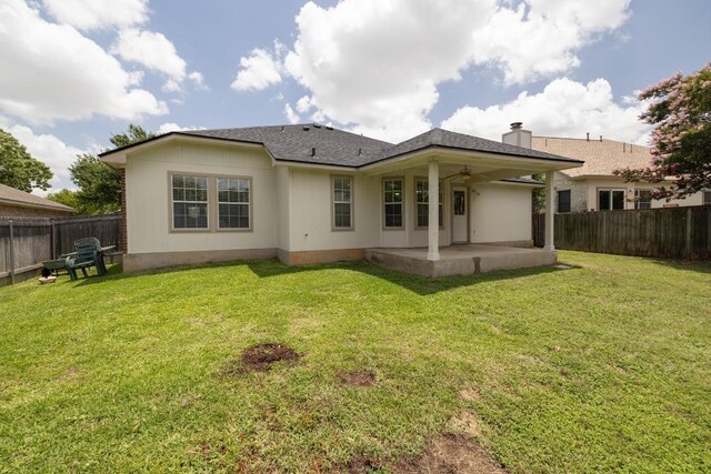 1643 Abbey Ln, Cedar Park, TX 78613 - rear view of property with a patio area, ceiling fan, a fenced backyard, and a chimney