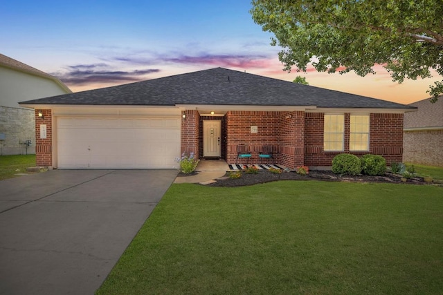 1643 Abbey Ln, Cedar Park, TX 78613 - ranch-style house featuring brick siding, driveway, an attached garage, a front lawn, and a shingled roof