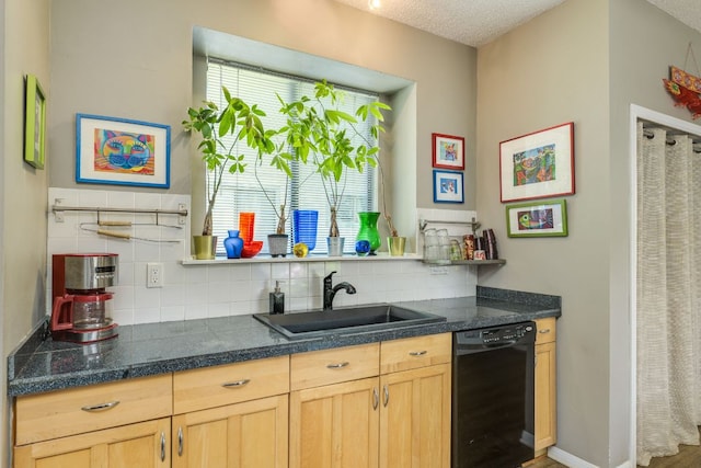 5808 Abilene Trl, Austin, TX 78749 - kitchen with dishwasher, tasteful backsplash, tile counters, light brown cabinets, and a textured ceiling