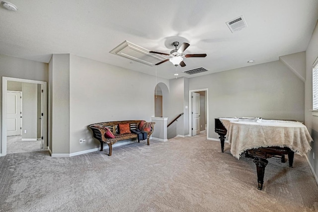 318 Gaspar Bnd, Cedar Park, TX 78613 - rec room featuring attic access, a ceiling fan, carpet, and arched walkways