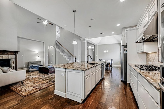 318 Gaspar Bnd, Cedar Park, TX 78613 - kitchen featuring appliances with stainless steel finishes, ceiling fan, open floor plan, under cabinet range hood, and dark wood-style flooring