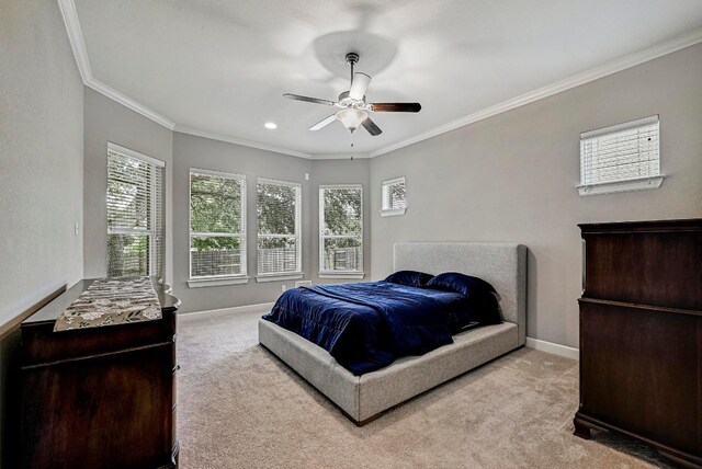 318 Gaspar Bnd, Cedar Park, TX 78613 - bedroom with carpet flooring, ornamental molding, a ceiling fan, and recessed lighting