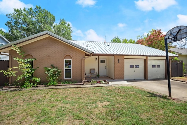 2109 Brandywine Ln, Austin, TX 78727 - ranch-style house featuring a garage, brick siding, a front lawn, driveway, and a metal roof
