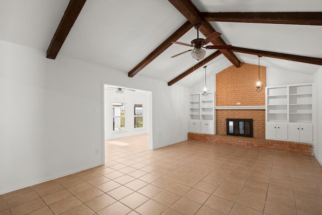 2109 Brandywine Ln, Austin, TX 78727 - unfurnished living room with a ceiling fan, light tile patterned floors, built in features, and a brick fireplace