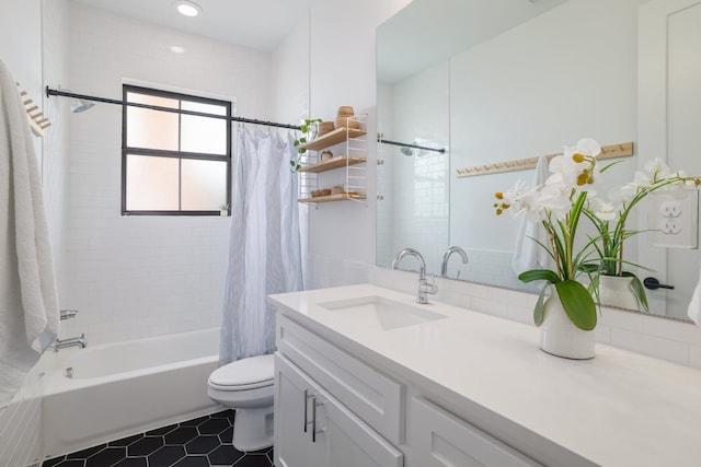 3108 Chennault St, Austin, TX 78723 - bathroom featuring shower / bath combination with curtain, vanity, and tile patterned flooring