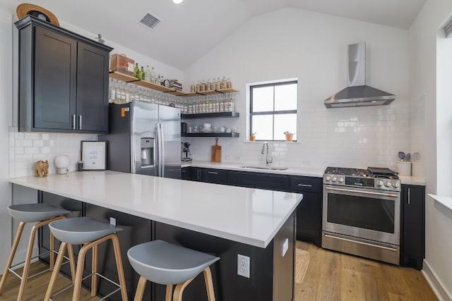 3108 Chennault St, Austin, TX 78723 - kitchen with appliances with stainless steel finishes, wall chimney exhaust hood, vaulted ceiling, open shelves, and light wood-style flooring