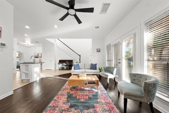 11400 W Parmer Ln Unit 44, Cedar Park, TX 78613 - living room with stairs, recessed lighting, hardwood / wood-style floors, and ceiling fan