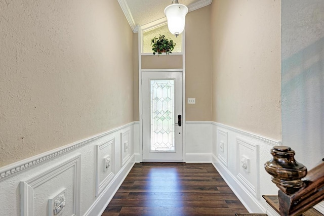 2505 Linwood Rd, Temple, TX 76502 - entryway featuring crown molding, a textured wall, healthy amount of natural light, dark wood finished floors, and a wainscoted wall