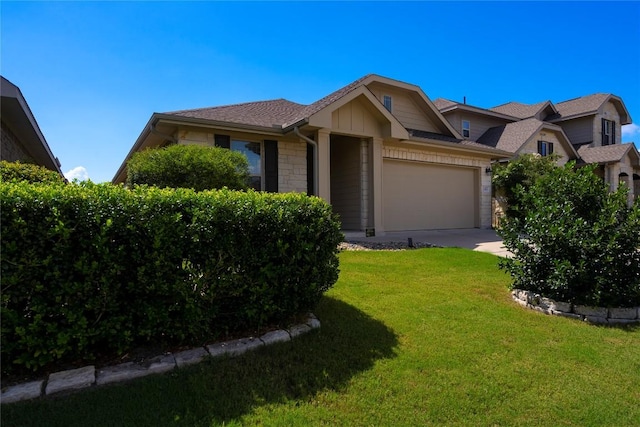 13903 Cantata Ln, Austin, TX 78660 - view of front facade featuring a garage, stone siding, a front lawn, and concrete driveway