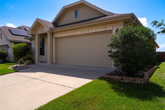 13903 Cantata Ln, Austin, TX 78660 - ranch-style house featuring driveway, roof with shingles, stone siding, and a front yard