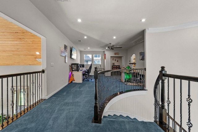 4509 Port Bari Dr, Leander, TX 78641 - hall with an upstairs landing, carpet floors, recessed lighting, and an office area