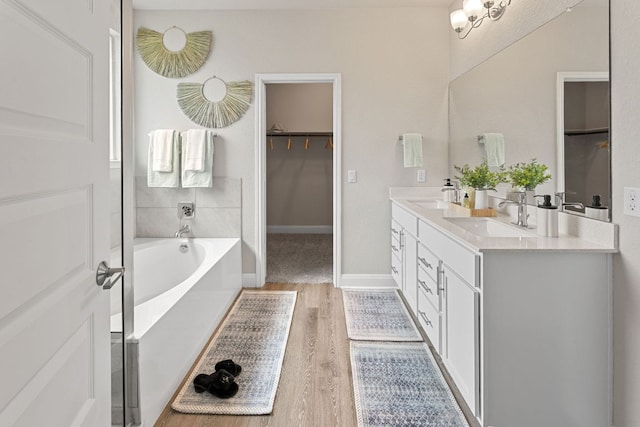 16941 Aventura Ave, Pflugerville, TX 78660 - bathroom with double vanity, a spacious closet, a bath, and wood finished floors