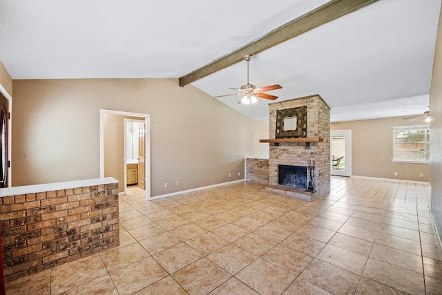206 Woodland Trl, Belton, TX 76513 - unfurnished living room with a ceiling fan, light tile patterned flooring, and a brick fireplace
