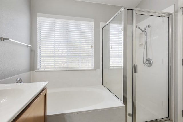 9405 Billingham Trl, Austin, TX 78717 - full bathroom with a shower stall, a garden tub, plenty of natural light, and a textured wall