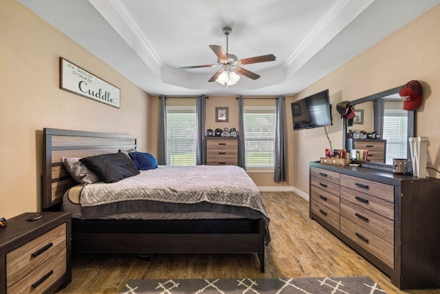 198 Sheridan Loop, Belton, TX 76513 - bedroom with a tray ceiling, light wood-style flooring, multiple windows, and ornamental molding