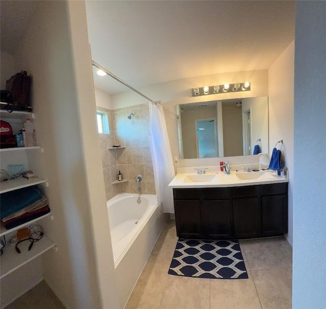 352 Circle Way Unit 37E, Jarrell, TX 76537 - bathroom featuring tile patterned floors, shower / bathtub combination with curtain, and double vanity