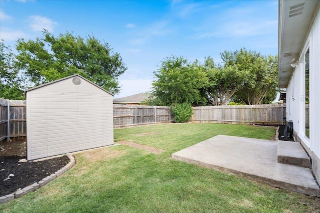 2102 Garrison Dr, Leander, TX 78641 - fenced backyard featuring a patio and a storage shed