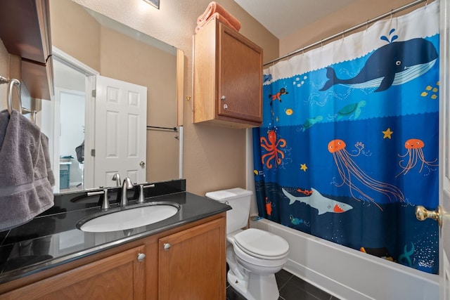 18112 Skysail Dr, Manor, TX 78653 - full bathroom featuring vanity, shower / bath combination with curtain, and tile patterned floors