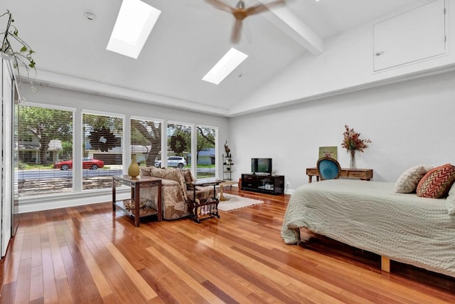 4001 Greystone Dr, Austin, TX 78731 - bedroom featuring a skylight, beamed ceiling, wood-type flooring, and high vaulted ceiling