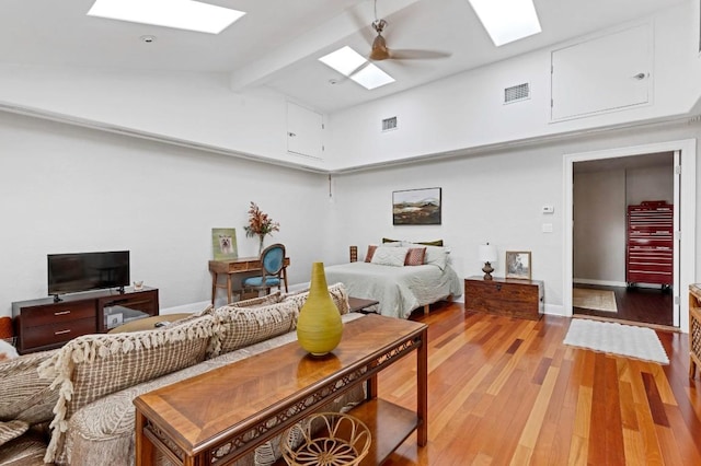 4001 Greystone Dr, Austin, TX 78731 - bedroom featuring a skylight, beam ceiling, light wood-type flooring, high vaulted ceiling, and a ceiling fan