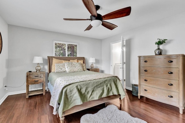 4001 Greystone Dr, Austin, TX 78731 - bedroom featuring dark wood-style flooring, ceiling fan, and connected bathroom