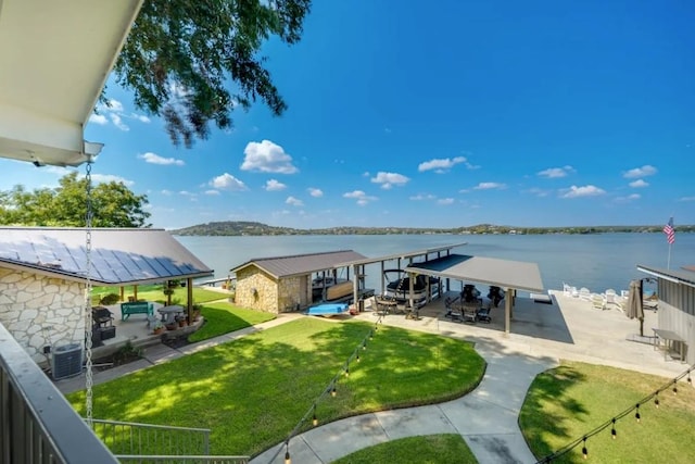 136 Web Isle Dr, Granite Shoals, TX 78654 - dock area with a water view, a patio, a lawn, and a gazebo