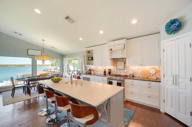 136 Web Isle Dr, Granite Shoals, TX 78654 - kitchen with vaulted ceiling, dark wood-style floors, white cabinets, decorative backsplash, and recessed lighting