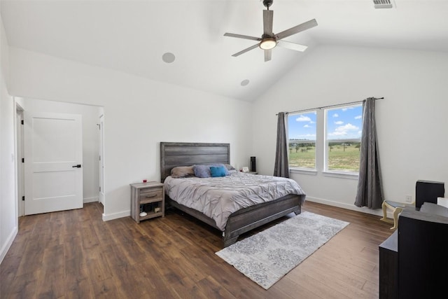 105 Mesa Grande Ct, Marble Falls, TX 78654 - bedroom featuring dark wood-type flooring, high vaulted ceiling, and a ceiling fan