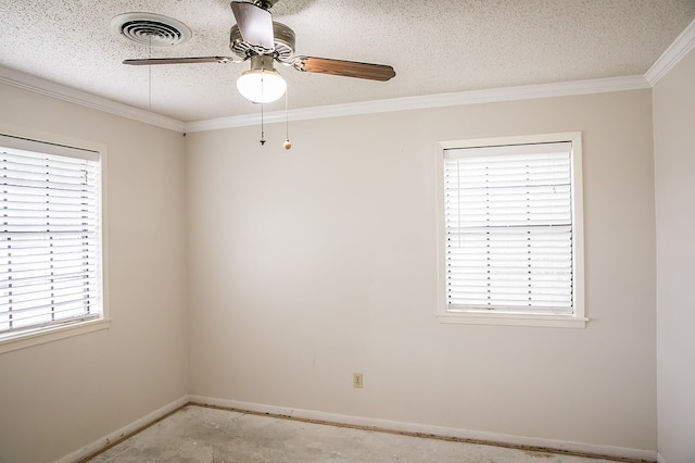 215 Edward Ln, Brenham, TX 77833 - empty room featuring healthy amount of natural light, crown molding, a textured ceiling, and a ceiling fan
