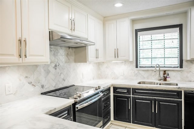 215 Edward Ln, Brenham, TX 77833 - kitchen with electric stove, under cabinet range hood, dark cabinets, white cabinets, and black dishwasher