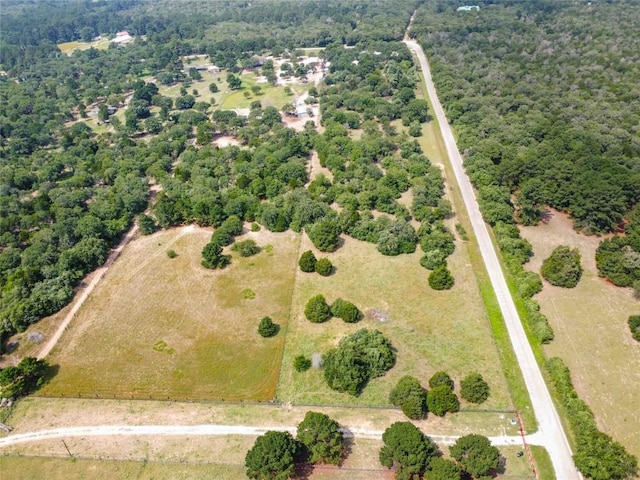 208 Old Potato Rd, Paige, TX 78659 - aerial view of property and surrounding area with property parcel outlined and a heavily wooded area