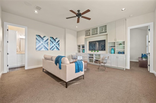 3810 Pawnee Pass, Austin, TX 78738 - carpeted living area featuring ceiling fan and recessed lighting