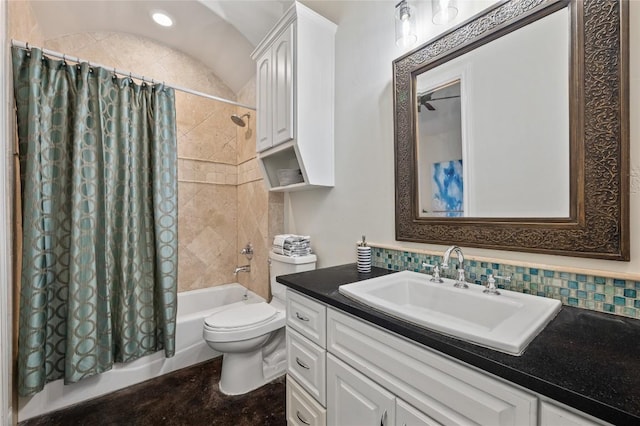 3810 Pawnee Pass, Austin, TX 78738 - full bathroom featuring vanity, shower / tub combo with curtain, and backsplash