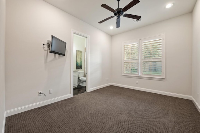 3810 Pawnee Pass, Austin, TX 78738 - unfurnished bedroom featuring dark carpet, recessed lighting, connected bathroom, and ceiling fan