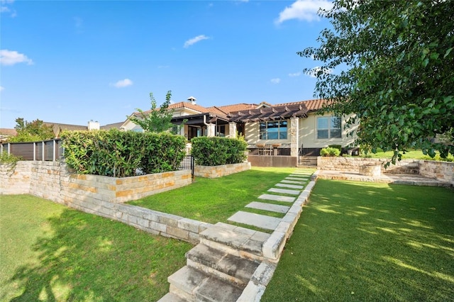 3810 Pawnee Pass, Austin, TX 78738 - back of property featuring a pergola, a yard, stucco siding, and a tiled roof