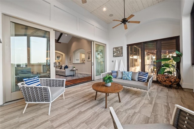 3810 Pawnee Pass, Austin, TX 78738 - living area featuring ceiling fan, wooden ceiling, healthy amount of natural light, arched walkways, and recessed lighting