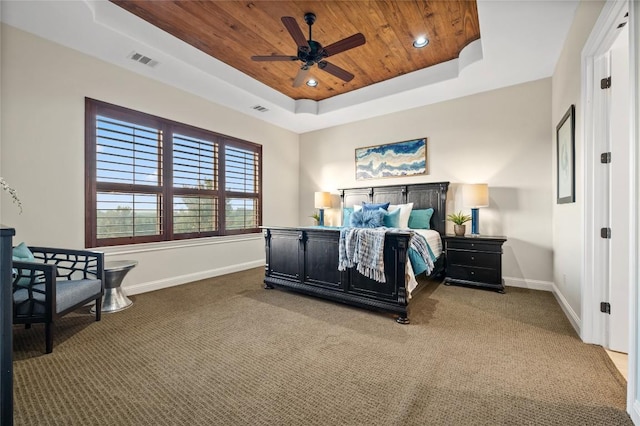 3810 Pawnee Pass, Austin, TX 78738 - carpeted bedroom with a raised ceiling, wooden ceiling, and ceiling fan