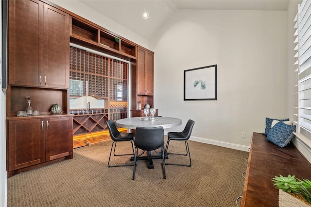3810 Pawnee Pass, Austin, TX 78738 - dining area with carpet floors, healthy amount of natural light, high vaulted ceiling, and recessed lighting