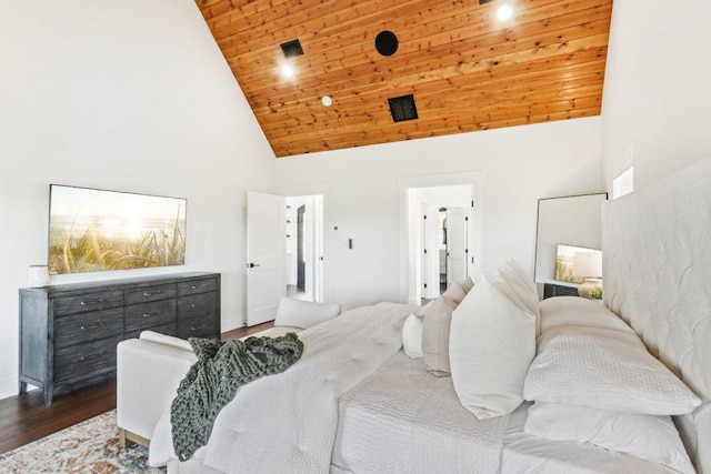169 Tall Forest Dr, Bastrop, TX 78602 - bedroom featuring high vaulted ceiling, wooden ceiling, and wood finished floors