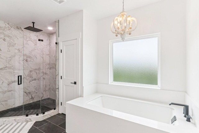 169 Tall Forest Dr, Bastrop, TX 78602 - full bathroom with a garden tub, a marble finish shower, a chandelier, and tile patterned flooring