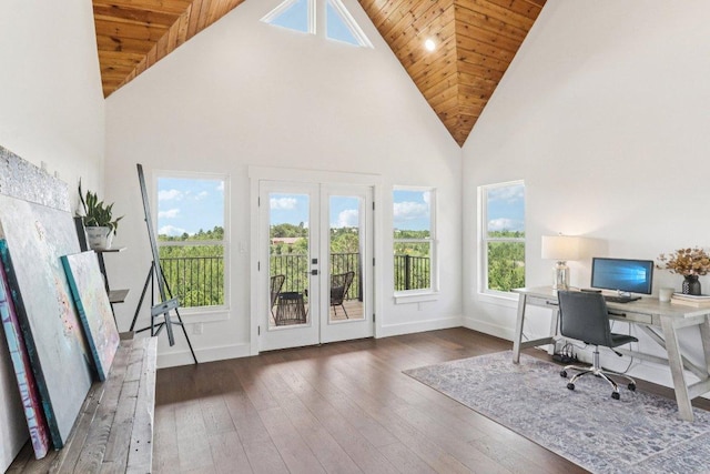 169 Tall Forest Dr, Bastrop, TX 78602 - home office featuring french doors, high vaulted ceiling, wood ceiling, and hardwood / wood-style floors