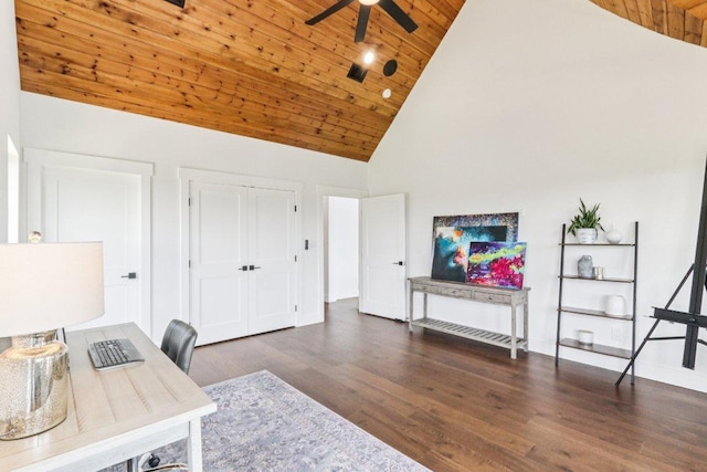 169 Tall Forest Dr, Bastrop, TX 78602 - office area featuring a ceiling fan, high vaulted ceiling, wood ceiling, and wood finished floors