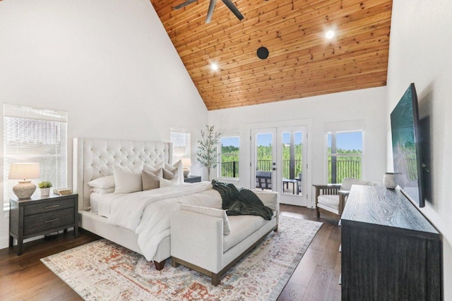 169 Tall Forest Dr, Bastrop, TX 78602 - bedroom with high vaulted ceiling, access to exterior, wood ceiling, french doors, and dark wood-type flooring