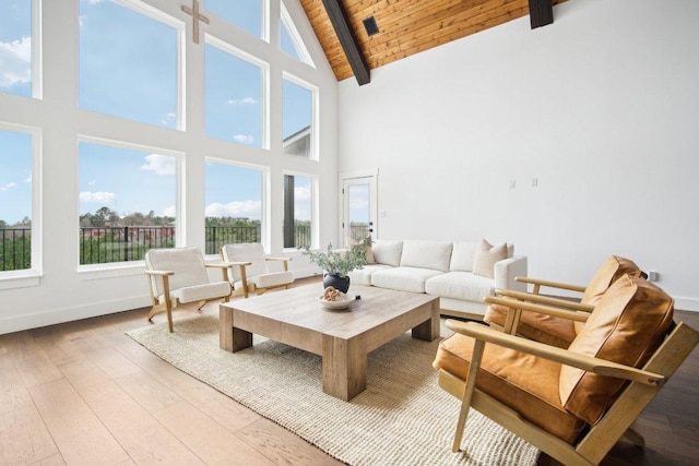 169 Tall Forest Dr, Bastrop, TX 78602 - living area with a wooden ceiling with exposed beams, high vaulted ceiling, and hardwood / wood-style flooring