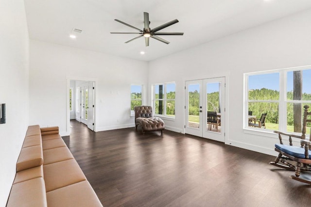169 Tall Forest Dr, Bastrop, TX 78602 - living area featuring french doors, dark wood-style floors, a ceiling fan, and recessed lighting